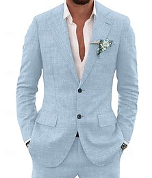 economico -Completi in lino per matrimoni degli uomini in azzurro cielo e beige 80% lino a tinta unita completi estivi taglio su misura 2 pezzi a due bottoni monopetto