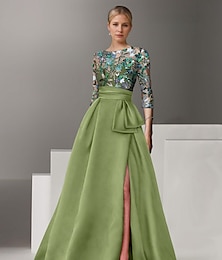 abordables -Ligne A Robe de Soirée Élégant Robe Formel Mariage Longueur au sol Demi Manches Col de chemise Satin avec Noeud(s) Fente Broderie 2025