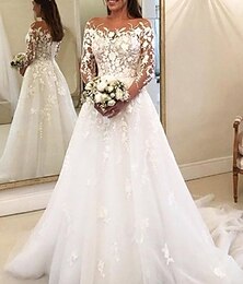 cheap -Beach Wedding Vintage Formal Wedding Dresses Ball Gown Off Shoulder Long Sleeve Chapel Train Lace Bridal Gowns With Buttons Appliques 2025