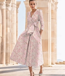 billiga -Jacquard Blommönster Blå Rosa A-linje Cocktail klänningar Elegant Formell Bröllop Ankellängd Halv ärm V-hals Nylon Tryck Slits Ficka Bröllopsgäst klänning 2025