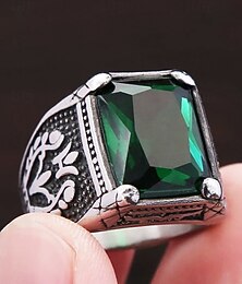 abordables -Bague vintage en acier inoxydable avec pierre précieuse émeraude pour homme - Bague gothique vintage en argent, style antique gravé, bijoux fantaisie pour mariages, fêtes et usage quotidien
