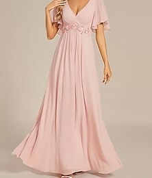 preiswerte -A-Linie Brautjungfernkleid V Ausschnitt Kurzarm Elegant Bodenlang Chiffon mit Applikationen / Raffung 2022
