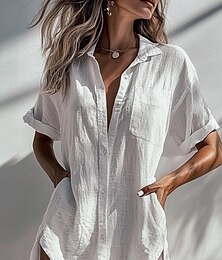 economico -Per donna Camicia Camicie ispirate al lino Abbottonare Blusa Semplice Essenziale Moderno Manica Corta Colletto a Camicia Top lunghi Ferie Uscire Bottoni Tasca Asimmetrico Nero Bianco Albicocca Estate