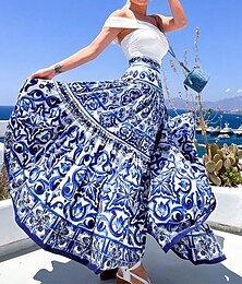 abordables -Femmes Jupe Évasé Occasionnel Boho Maxi Taille Basse Jupes Fleuri Imprimé Micro-Élastique Vacances Sortir Bleu Été Spandex