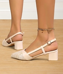 preiswerte -Beige Tweed-Slingback-Pumps mit Blockabsatz für Damen – elegante Freizeitschuhe für Verabredungen und Abende