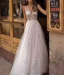 cheap -Casual Wedding Dresses A-line V Neck Sleeveless Floor Length Embrodered Lace Bridal Gowns Beach Wedding Gown 2025