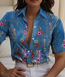 economico -Camicia da donna a maniche lunghe blusa a bottone giù grafica floreale quotidiana elegante camicia con maniche corte colletto top regolari quotidiani blu arancione verde rosa pink estate primavera