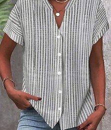 economico -Camicia da donna grafica a righe elegante da spiaggia maniche corte colletto regolare top abbigliamento da giorno bottoni stampa rosa blu verde grigia primavera autunno