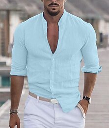 economico -Per uomo Camicia Camicia con colletto a fascia Camicia estiva Abbigliamento mare Maglietta informale Camicia con bottoni Tinta unica Da mare Curise Nero Bianco Rosa Blu Manica lunga Colletto