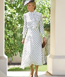 abordables -Robe A-Ligne Robe de Mère de la Mariée Pois Élégante Vintage Fête Col Montant Longueur Du Sol Chiffon Mélange Coton Manches Longues avec Boutons Robe Invité de Mariage