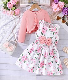 economico -2 pezzi Bambino Da ragazza Floreale Nodo della cravatta Abiti eleganti Impostato Manica lunga Di tendenza Scuola 4 anni + Estate Rosa Rosso Blu