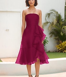 economico -Abiti da cocktail A-Line abito elegante matrimonio formale lunghezza tea senza maniche scollato sulle spalle organza con pieghe e volant