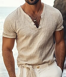 baratos -Homens T-shirt Camiseta tipo linho Manga Curta Decote V Verão Tecido Moda Designer Básico Macia Férias Rua Casual / Diário Azul Claro Preto Branco Top Tee para Homens