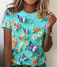 abordables -Mujer Camiseta Tops de verano Floral Mariposa Clásico Casual Manga Corta Cuello Barco Tops cortos Diario Fin de semana Estampado Arco Iris Verano Primavera Otoño