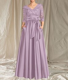 abordables -Robe A-Line Mère de la Mariée Robe d'Invitée Élégante en Satin Dentelle V Cou Longueur de Sol Manches 3/4 avec Nœud(s) en Dentelle Plis