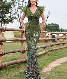 abordables -Sirène / Trompette Robes de Quinceanera Élégant Robe Mariage robe demoiselle d honneur Longueur au sol Sans manches Col en V Spandex avec Paillettes 2025