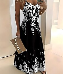 abordables -Femme Robe mi-longue Robe d'été Robe Trapèze Robe à enfiler Vacances Décontractées Vacances du quotidien Plage Standard Floral Graphic Sans Manches Col V Noir Eté Printemps