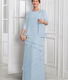 preiswerte -Zweiteiliger A-Linie formeller Anzug Brautmutterkleid eleganter Glitzer  Glanz Juwelenausschnitt bodenlang Chiffon halbe Ärmeln mit Knöpfen Applikationen Blumen