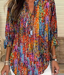 abordables -Mujer Camisa Ombre Graphic Vintage Tropical Hawaiano Manga Larga Escote en Pico Tops regulares Diario Festivos Ropa de playa Estampado Azul Piscina Morado Naranja Verde Trébol Verano Primavera