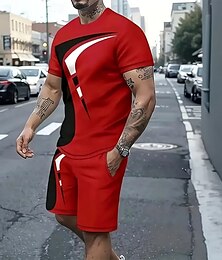 economico -Per uomo Geometrico 2 pezzi Set di magliette Top estivi Manica Corta Pantaloni corti Girocollo Canotta sportiva Casual All'aperto Sport Casuale Stampa 3D Estate Rosso rubino Rosso