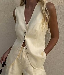 abordables -Femmes Actif Basique Chemisier Ensembles de Shorts Sans manches Col en V Couleur Unie Dubbele Rij Knopen Décontracté Quotidien Week-end Noir Blanche Marron Été Coupe régulière