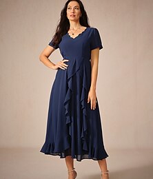 economico -Per donna Vestito maxi Abito linea A Elegante Da cerimonia Matrimonio Invitati del matrimonio Morbido Tinta unica Manica corta Asimmetrico A V Blu marino Estate Primavera