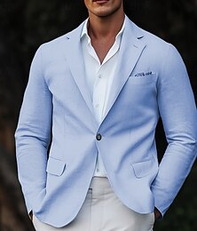 economico -Per uomo Blazer in lino Giacca Sportiva Ospite di nozze Casual Quotidiano Moda Tutte le stagioni Misto Lino-Cotone Tinta unita Base Monopetto Giacca Azzurro cielo Grigio chiaro