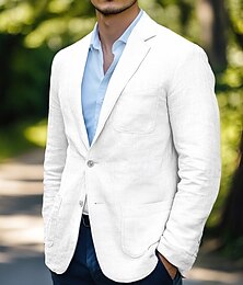 economico -Per uomo Blazer di Lino Giacca Sportiva Matrimonio Casual Quotidiano Moda Tutte le stagioni Cotone Lino Tinta unita Base Monopetto due bottoni Giacca Bianco Azzurro cielo Beige