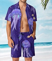 levne -Pánské Medúza 2ks Sady košil Havajská košile Krátký rukáv Krátké kalhoty Přehnutý Havajské Na běžné nošení Ležérní Plážová dovolená 3D tisk Léto Fialová