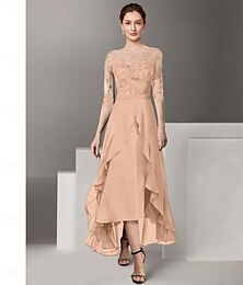 abordables -A-Ligne Robe de Mère de la Mariée Invité de Mariage Formelle Élégante Haut Bas Découvrez-Ankle Longueur Chiffon Dentelle Manche Mi-Longue avec Plis Appliques taille sur mesure gratuite