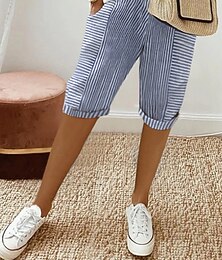 baratos -Mulheres Calças de linho de algodão Calças Colheita Casual Comprimento do joelho Natural Listrado Bolsos Cintura elástica Confortável Exterior Roupa Diária Para Noite Azul de céu claro Preto Rosa