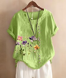 economico -Camicetta da donna in 100% cotone, con stampa floreale, elegante, in cotone e lino, casual, a maniche corte, girocollo, normale, per tutti i giorni, da indossare fuori, con bottoni, verde, estate e primavera.