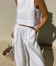 economico -Per donna Quotidiano Camicia Set ispirati al lino Set da due pezzi Senza Maniche Girocollo Tinta unica Arricciato Quotidiano Ferie Bianco Giallo Blu marino scuro Estate Vestibilità regolare