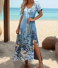 abordables -Robe maxi femme robe en A robe T-shirt robe tee robe d'été élégante vacances tropicales vacances plage coupe régulière graphique floral à manches courtes col rond bleue été