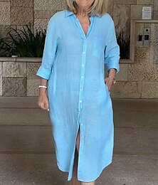 abordables -Femmes Robe Midi Robes inspirées du lin Robe Chemise Mode Classique Moderne Quotidien Sortir Week-end Coupe régulière Uni manche longue Col de chemise Noir Blanche Bleu clair Été