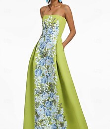 abordables -Robe de soirée A-line florale verte Robe élégante Robe formelle Invitée de mariage Longueur au sol Sans manches Sans bretelles Satin Robe d'invitée de mariage 2025