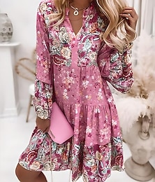 economico -vestito a trapezio da donna abito boho abito al ginocchio rosa manica lunga floreale volant stampa smock estate primavera autunno scollo a V boho casual manica svasata 2023 4xl