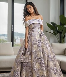 economico -Abiti Prom A-Line Jacquard Broccato Abito Elegante Invitate Matrimonio Serata Festa Lunghezza Piena Off Spalla Manica con Stampa Floreale Abito Invitate Matrimonio