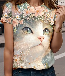 abordables -Mujer Camiseta Floral Graphic Animal Elegante Casual Manga Corta Escote Redondo Tops regulares Diario Fin de semana Estampado Azul claro Verano Primavera