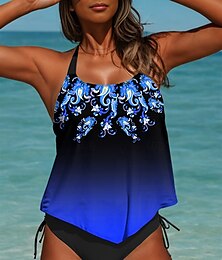 abordables -Maillots de Bain Femme Tankini 2 Pièces Maillots de Bain Coquin Sans Dos Vacances Plage Ombre Imprimé U Col Manches Sans Manche Maillots de Bain
