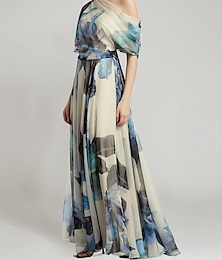abordables -Robe de soirée en A élégante robe formelle de bal longueur au sol sans manches épaule dénudée chiffon avec imprimé floral robe invitée de mariage 2025