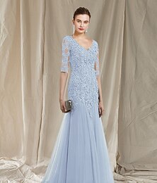 preiswerte -A-Linie Brautmutterkleid Elegantes V-Ausschnitt Sweep  Brush Zug Spitze Tüll Halbe Ärmel ohne mit Rüschen Applikationen individuelle Größen