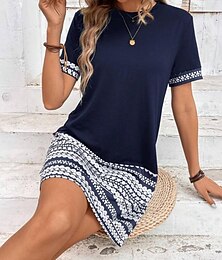 ieftine -Rochie Mini Femei Rochie T-Shirt Rochie Tee Rochie Tip Shift Vacanță Formală Croi Regulat Graphic Geometric Tribal cu Mâneci Scurte Gât Rotund Bleu Închis Vară Primăvară