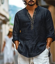 economico -Per uomo Camicia Camicia popover Camicia Estiva Camicia da Spiaggia Semplice Casuale Quotidiano Nero Manica Lunga Colletto alla coreana Primavera & Estate Abbigliamento