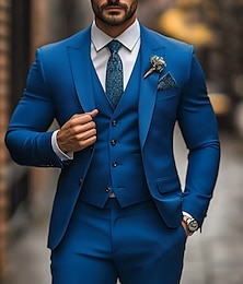 economico -Abiti da matrimonio per uomini completi da festa blu moda affari estivi colore uniforme taglio standard 3 pezzi monopetto due bottoni
