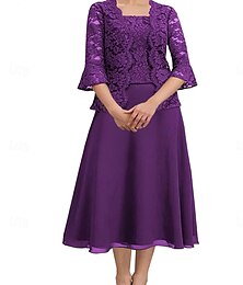 abordables -Ensembles de robes de mère de la mariée élégante simple col rond longueur thé en chiffon polyester dentelle manches longues avec dentelle couleur unie
