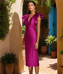 ieftine -Rochii cocktail tip sheath/coloană elegante formale pentru nuntă lungime de ceai rochie midi cu mânecă scurtă decolteu în V rochie roz din satin cu pliseuri