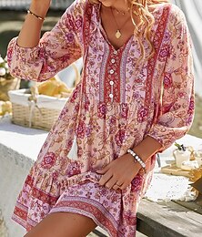 ieftine -Pentru femei Rochie Mini Rochie casual Rochie de vară Rochie Boho Modă În aer liber Vacanță Zilnic Fit regulat Floral Lungime Manșon 3/4 În V Galben Roz Îmbujorat Albastru piscină Trifoi Vară
