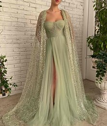 preiswerte -A-Linie Abendkleid Elegant Kleid Hochzeit Schwarze-Krawatte-Gala Bodenlange Schleppe Ärmellos Spaghettiträger Tüll mit Glitzer Gerafft Perlen 2025