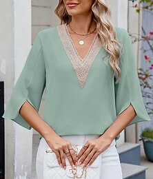 economico -Blusa da donna a tinta unita elegante casual maniche 3/4 colletto a V top regolari abbigliamento da giorno pizzo patchwork nera bianca rosa blu verde estate primavera